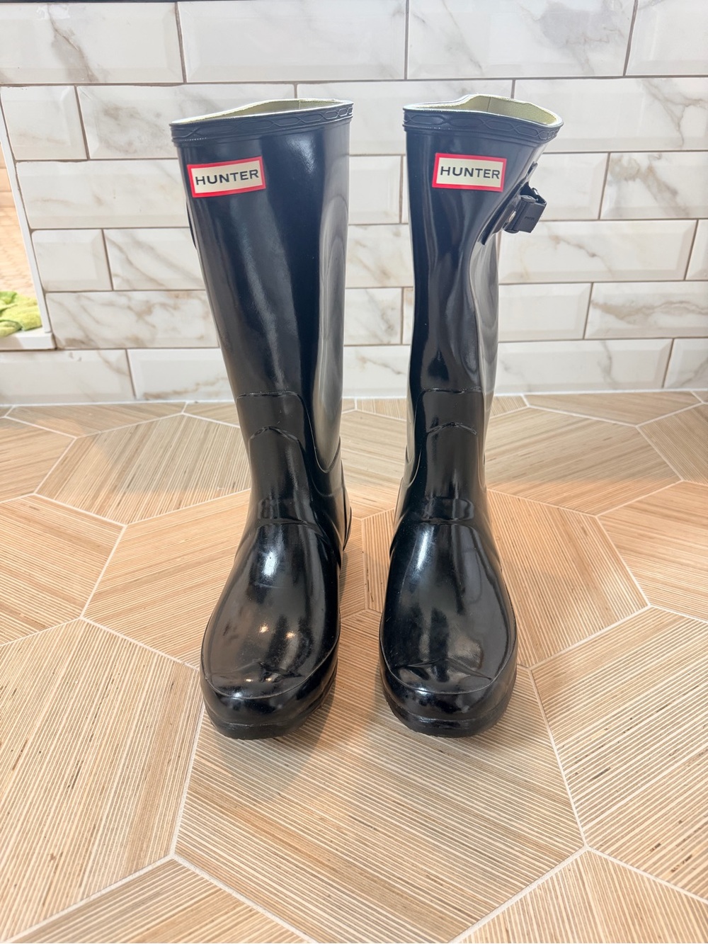Hunter Gloss Black Tall Rain Boots with Adjustable Side Buckle - Picture 2 of 5